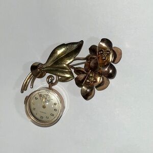 Gold Toned and Bronze Toned Floral Brooch Revco Watch 1/20 12K GF on Silver BB